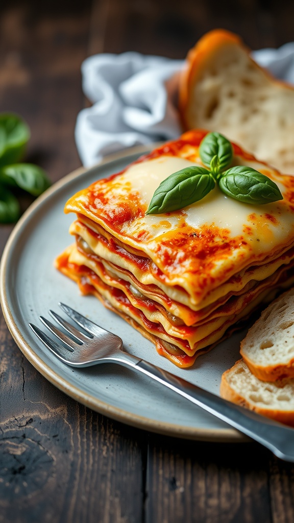 A delicious homemade lasagna with layers of cheese, meat sauce, and pasta, garnished with basil.